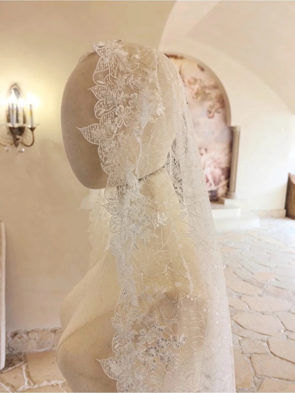 NWT Glitter Lace Beading Lace Trim Mantilla Veil, Sparkle Bridal Veil Mantilla W